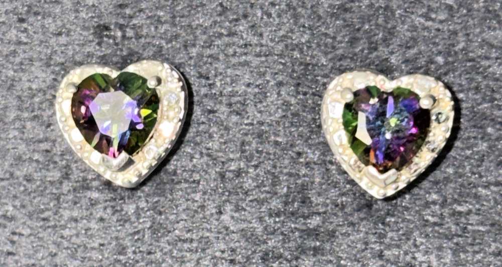 Thailand Sterling Silver Mystic Topaz Heart Stud Earrings Vintage 925
